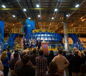 NASA focuses on rocket, plans for deep space With the Space Launch System in the background, NASA Administrator Charles Bolden spoke Jan. 13 during a visit to the agency’s Michoud Assembly Facility in New Orleans. Image: NASA.